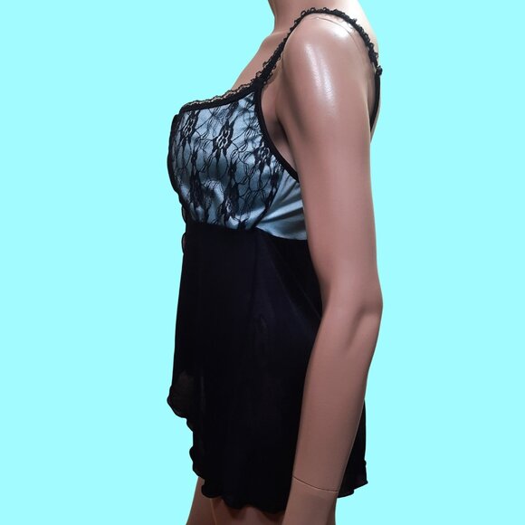 Y2K Coquette Babydoll Lingerie Top XL Split Front Blue Black Lace Camisole - Picture 4 of 12
